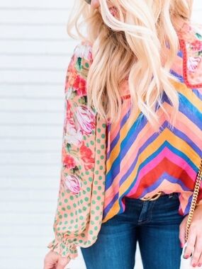 Anthropology BLANK Colorful Chevron & Floral Mixed-Print Blouse Small